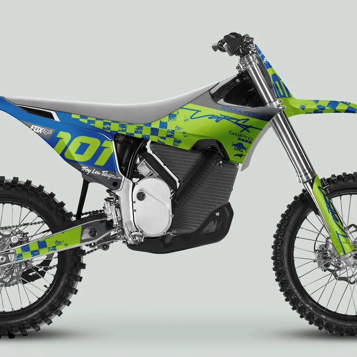 Stark Varg Graphics Kit RACE BLUE Green Decals Stickers on electric dirt bike, number 101, with sponsors displayed, emphasizing high-quality, durable, vibrant customization for standout aesthetics.