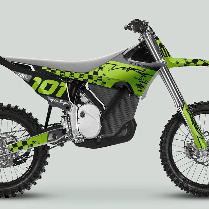 Side view of an electric dirt bike featuring the Stark Varg Graphics Kit RACE BLACK Green Decals Stickers, showcasing knobby tires and sleek green-and-black styling.
