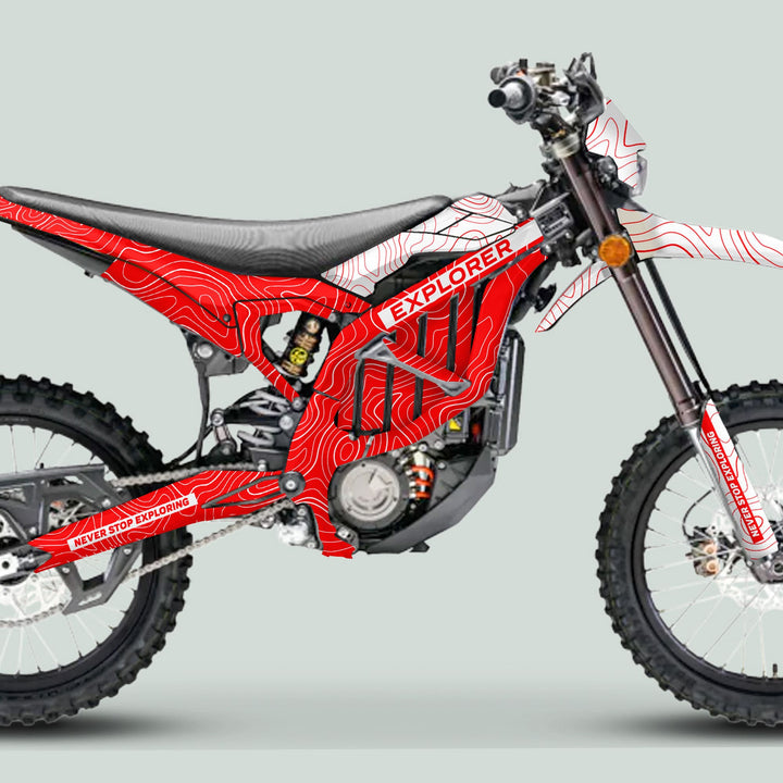Surron Ultra Bee Graphics Kit EXPLORER RED WHITE on an electric dirt bike, featuring custom topographic contour wrap, EXPLORER branding, and durable, precision-cut decals.