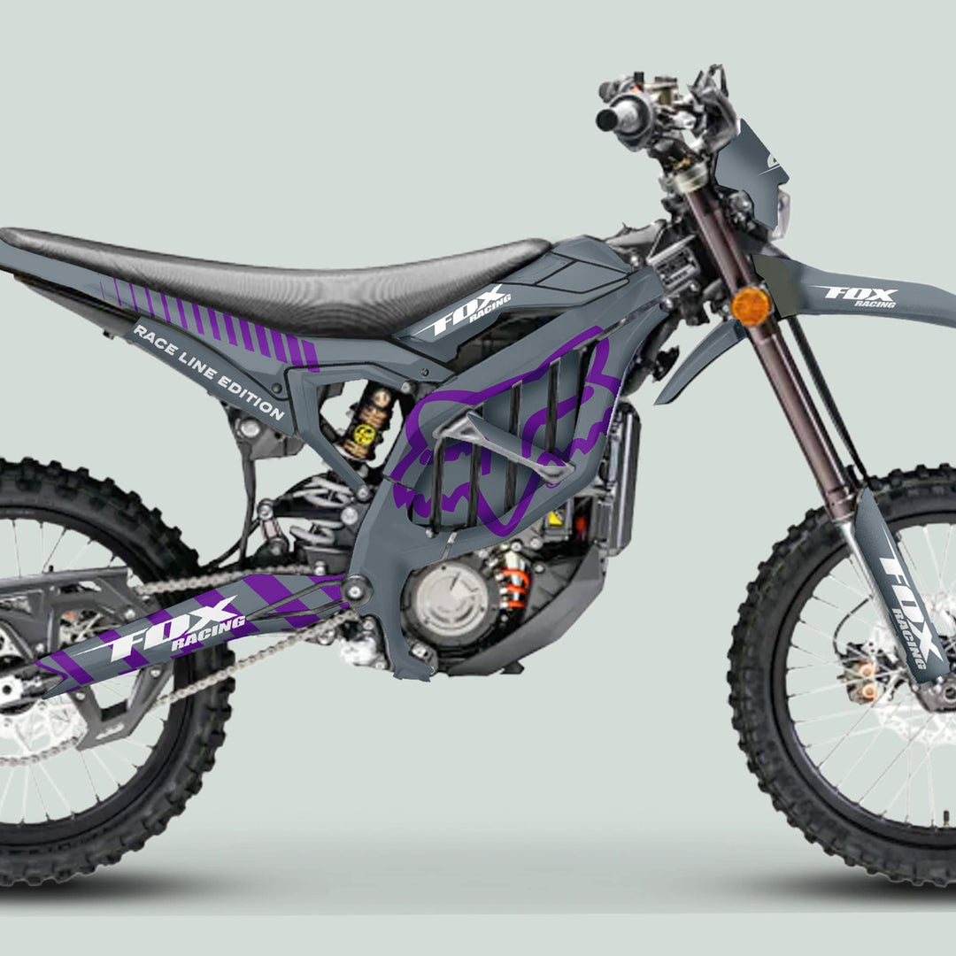 Surron Ultra Bee with Grey Purple FOX RACE LINE graphics kit and vinyl decals