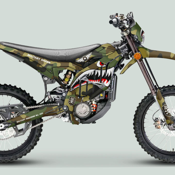 Surron Ultra Bee Graphics Kit MILITARY SHARK Camo with army-style camouflage and shark-teeth art on a motocross bike, enhancing aesthetics and protection.