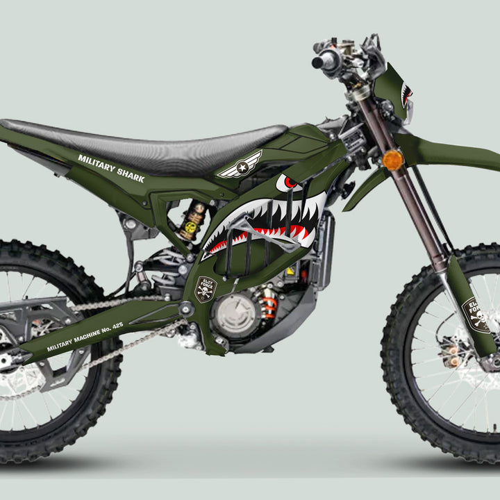 Surron Ultra Bee Graphics Kit MILITARY SHARK Olive army camouflage features shark-mouth graphics, MILITARY MACHINE No. 425, and ELITE FORCE logos on a stunt-ready dirt bike.