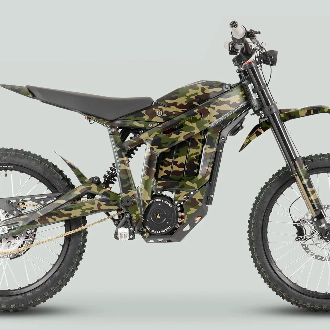 Talaria Sting MX3 MX4 Graphics Kit CAMOUFLAGE on a full-suspension electric motorcycle, featuring a camouflage-patterned frame with durable, high-quality decals for enhanced style and visibility.