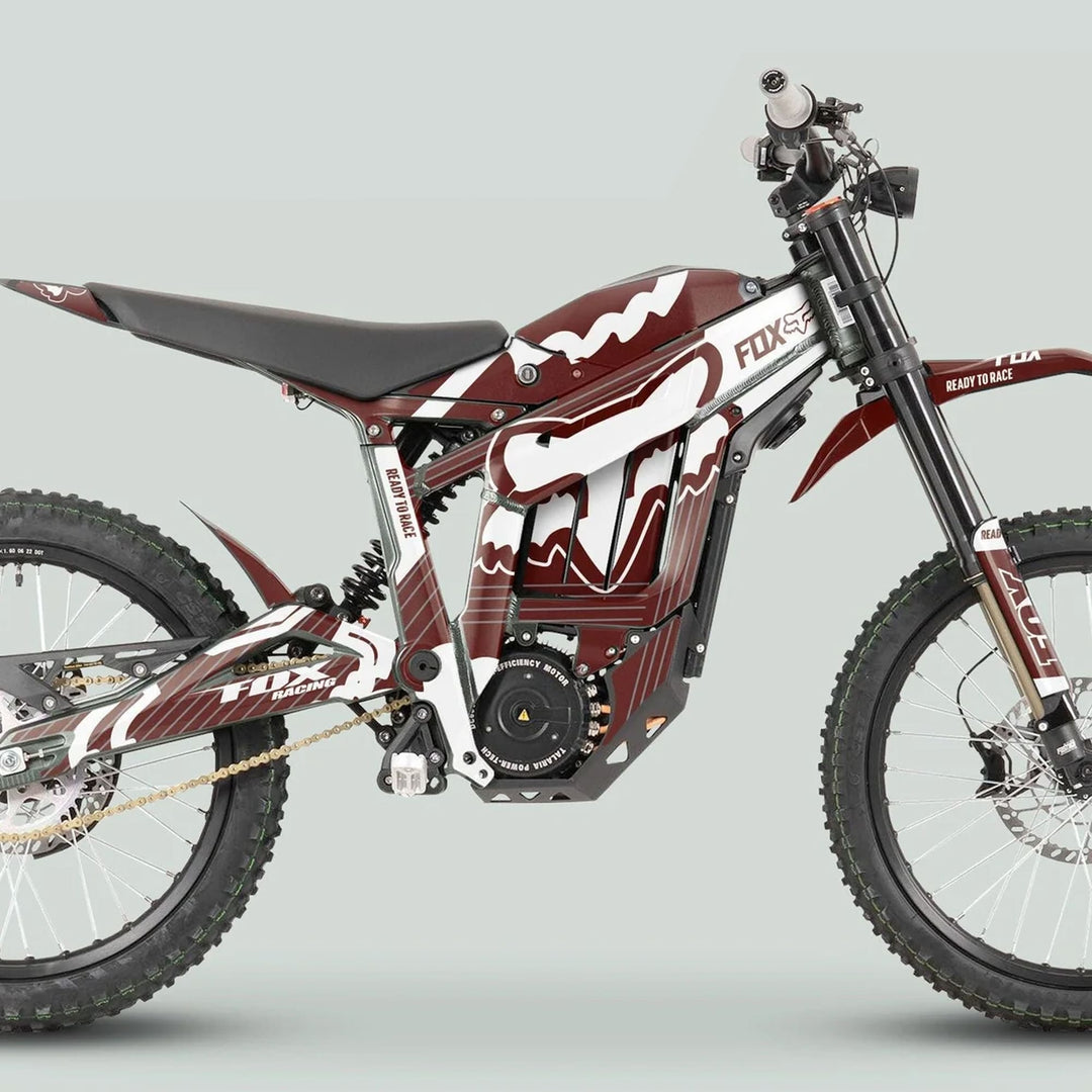Talaria Sting MX3 MX4 Graphics Kit FOX STRIPES Brown White on an electric dirt-bike, featuring durable, vibrant brown and white decals for customization and protection.