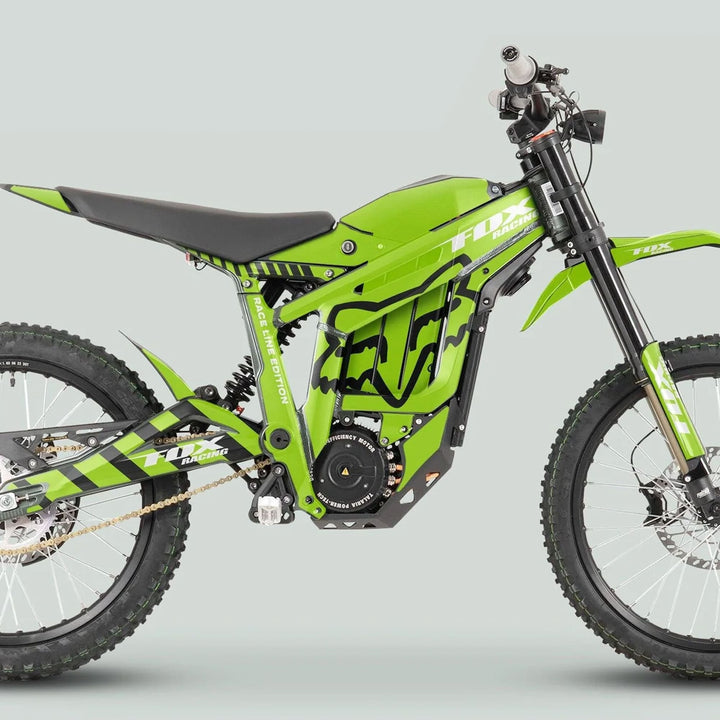 Talaria Sting MX3 MX4 Graphics Kit in FOX Raceline Green Black, on an electric off-road motorcycle, showcasing vibrant, durable decals and easy application for a standout look.