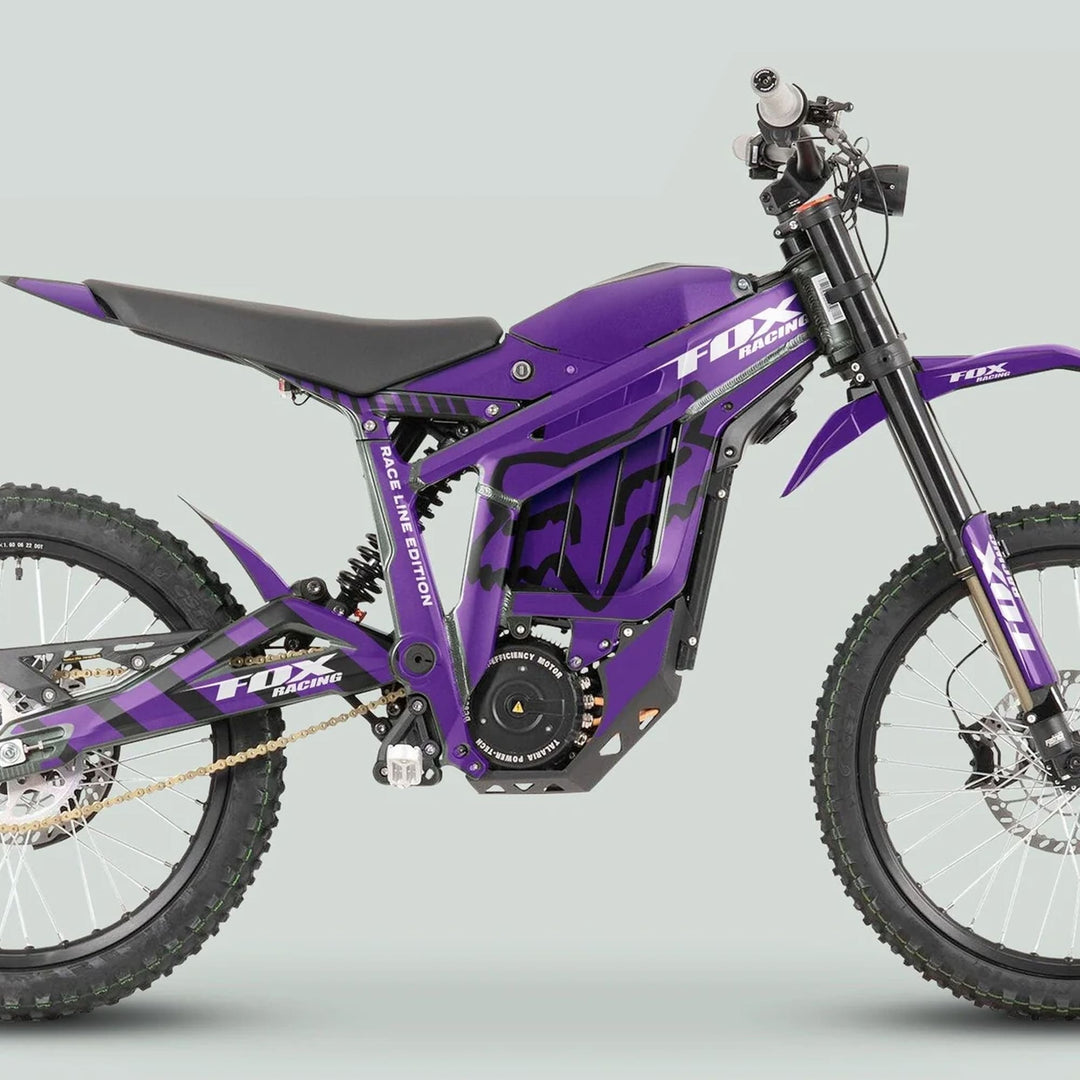 Talaria Sting MX3 MX4 Graphics Kit FOX Raceline Purple Black, featuring durable vinyl decals on a purple electric dirt bike with Fox Racing branding and knobby tires.