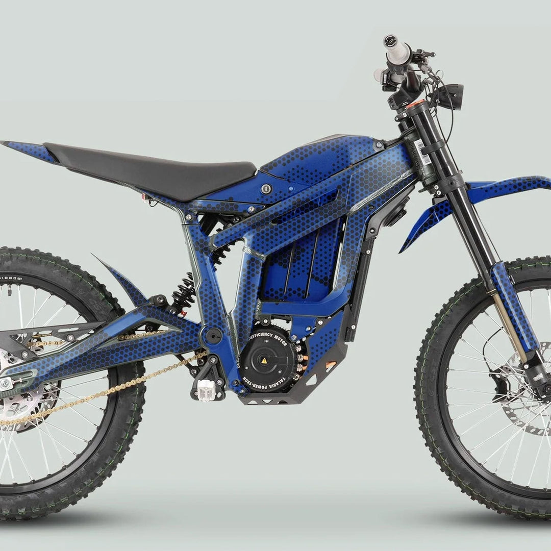 Side-view of a blue off-road electric motorcycle with the Talaria Sting MX3 MX4 Graphics Kit HEXOCAM Blue, showcasing glossy, custom decals for enhanced aesthetics.