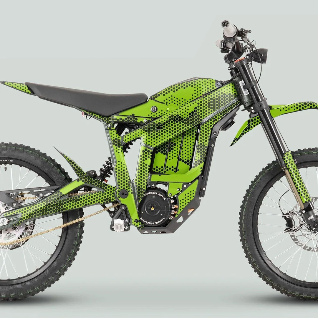 Talaria Sting MX3 MX4 Graphics Kit HEXOCAM Green on an electric dirt bike, showcasing knobby tires and suspension, enhancing style with a vibrant camouflage pattern.