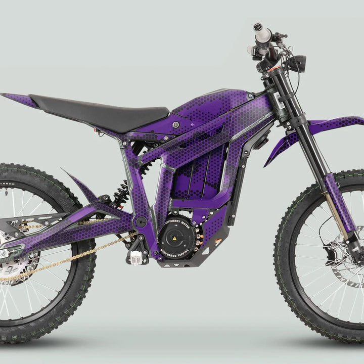 Side-profile of Talaria Sting MX3 MX4 Graphics Kit HEXOCAM Purple on electric dirt bike, featuring honeycomb-patterned frame, off-road tires, and suspension components.