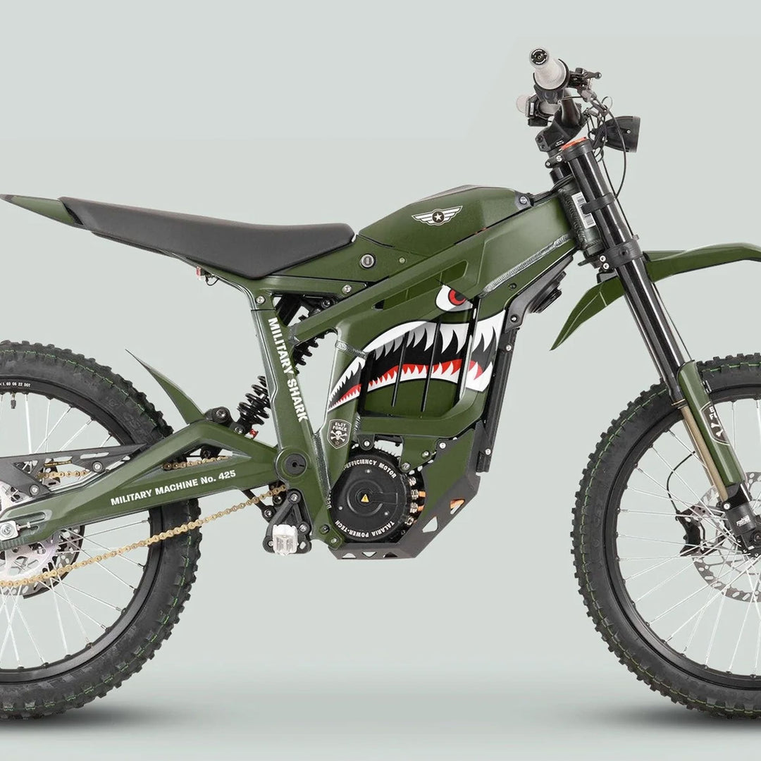 Talaria Sting MX3 MX4 Graphics Kit MILITARY SHARK Olive on an off-road electric bike, featuring olive drab military markings and a shark-mouth graphic.