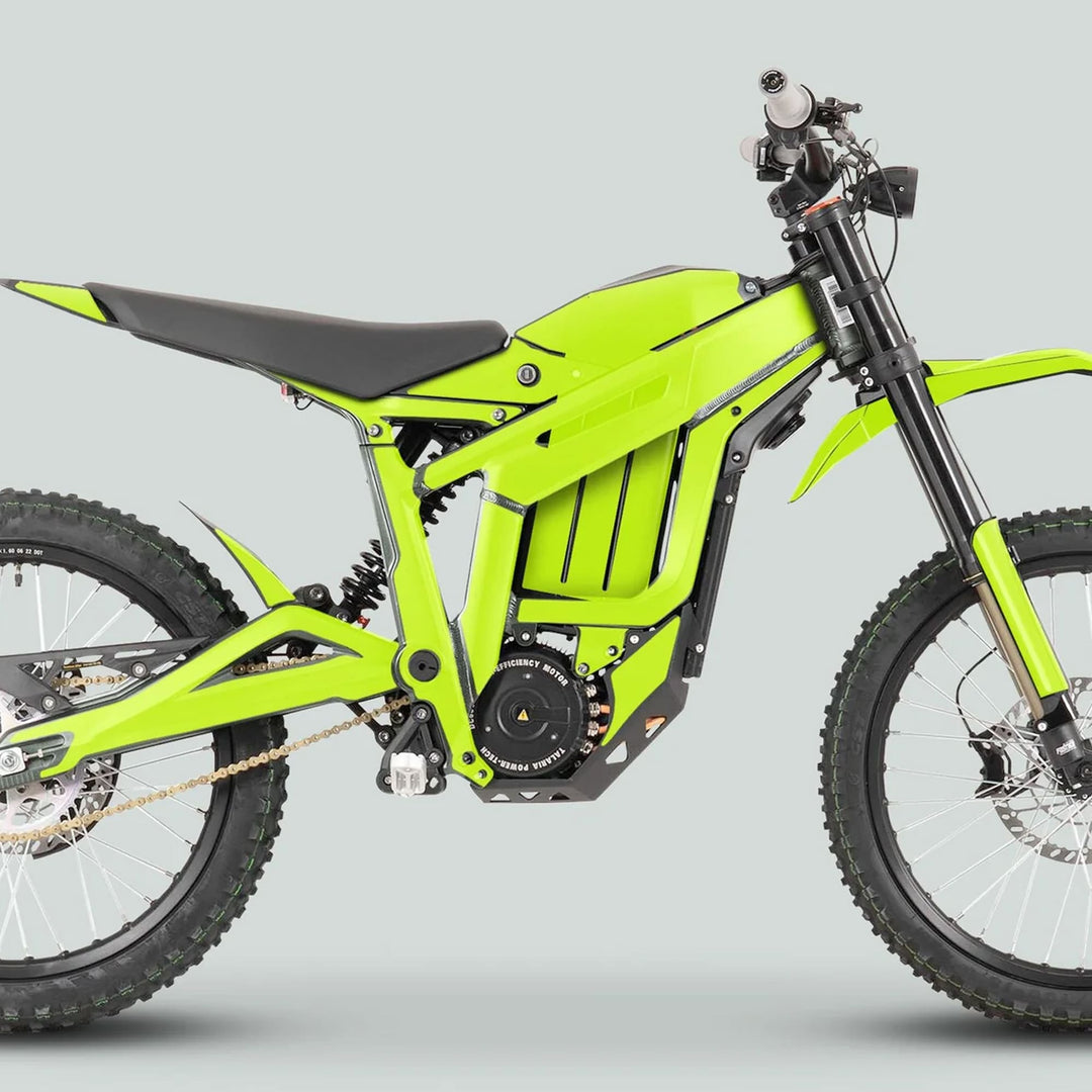 Talaria Sting MX3 MX4 Graphics Kit SOLID COLOR GREEN on a bright-green electric off-road motorcycle, showcasing its frame, battery housing, and rugged wheels.