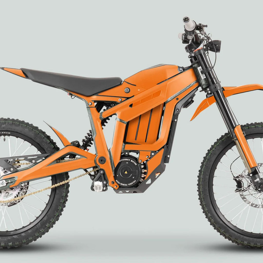 Talaria Sting MX3 MX4 Graphics Kit, featuring a bright orange frame, enhances the electric dirt-bike’s appearance with durable, easy-to-apply decals for a custom fit.
