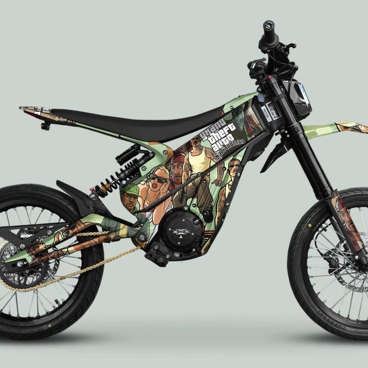 Talaria XXX Graphics Kit GTA San Andreas featuring a vinyl wrap with GTA-themed art on an electric off-road bike, showcasing distinctive camo design and branding.
